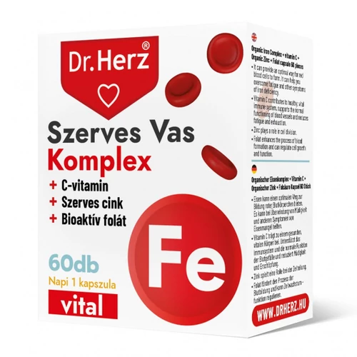 Dr. Herz Szerves Vas Komplex + C-Vitamin + Szerves Cink + Folát Kapszula 60db Dobozos